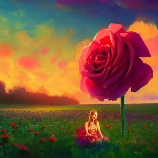 Image similar to giant rose flower head, full body girl sitting in a flower field, surreal photography, sunrise, dramatic light, impressionist painting, colorful clouds, digital painting, artstation, simon stalenhag