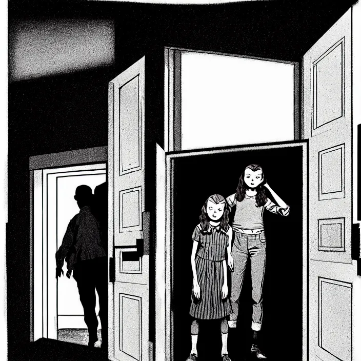 Image similar to [ inside a very dark scary empty dingy 1 9 6 0 s house ] [ sadie sink in dirty workmen clothes opens the door to enter ]. technique : black and white pencil and ink. by gabriel hardman, joe alves, chris bonura. cinematic atmosphere, detailed and intricate, perfect anatomy