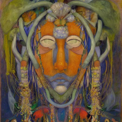 Image similar to masterpiece painting of a modern shaman, by annie swynnerton and jean delville and edward hopper and diego rivera and evelyn de morgan, facemask made of flowers, art brut, outsider art, symbolist, dramatic lighting, god rays, elaborate geometric ornament, clean crisp graphics, smooth sharp focus, extremely detailed, adolf wolfli