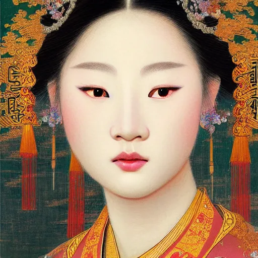 Prompt: hyper realism portrait of Chinese princess by Zhong, Fenghua and Ohara Koson and Klimt, Gustav, stunning, detailing, artstation trending, perfect lighting, golden hour, face detailing