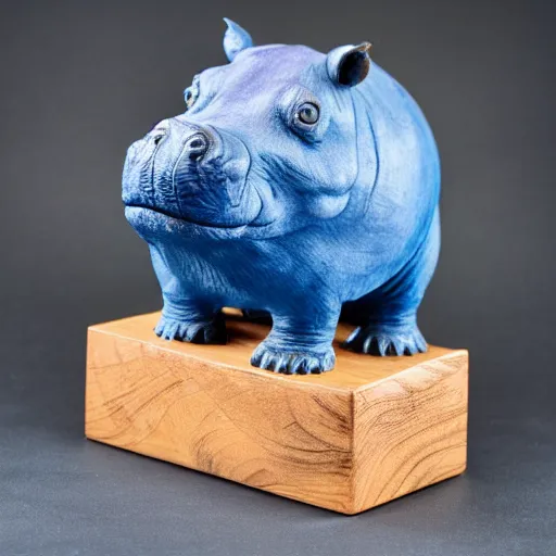 Image similar to a small hippo statue carved from natural wood, dipped in polished blue ceramic, half and half, mixed media, side view