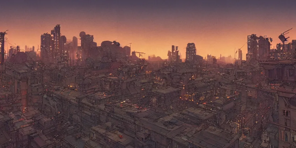 Image similar to ”a diesel punk city vista, Twilight, city lights, reflections, glares, perspective sky, HD, 8k, in the style of Katsuhiro Otomo, Ian mcque”