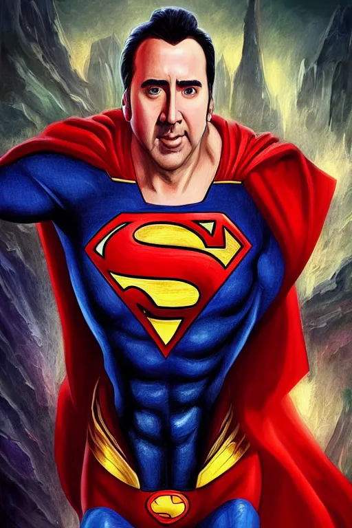 Prompt: Portrait of Nicolas Cage as superman, DC, justice league, cinematic lighting, intricate, elegant, highly detailed, digital painting, artstation, painted by Artgerm and Mark Waid and Greg Rutkowski and Mandy Jurgens and Snyder
