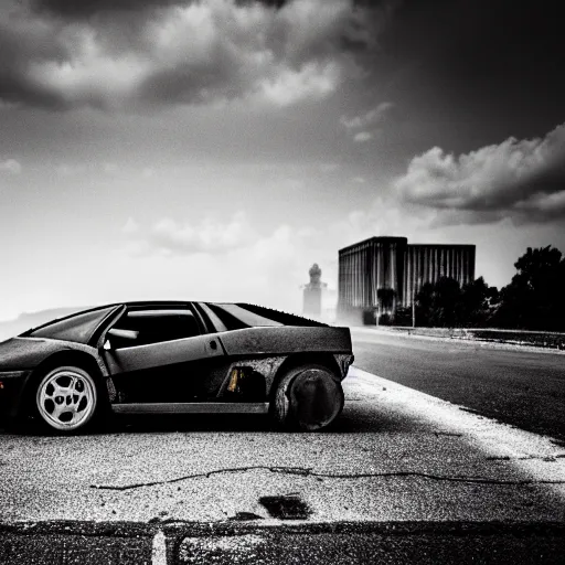 Image similar to black and white press photograph of a rusted abandoned lamborghini diablo on an empty abandoned city street, full view, detailed, natural light, mist, film grain, soft vignette, sigma 5 0 mm f / 1. 4 1 / 1 0 sec shutter, imax 7 0 mm footage
