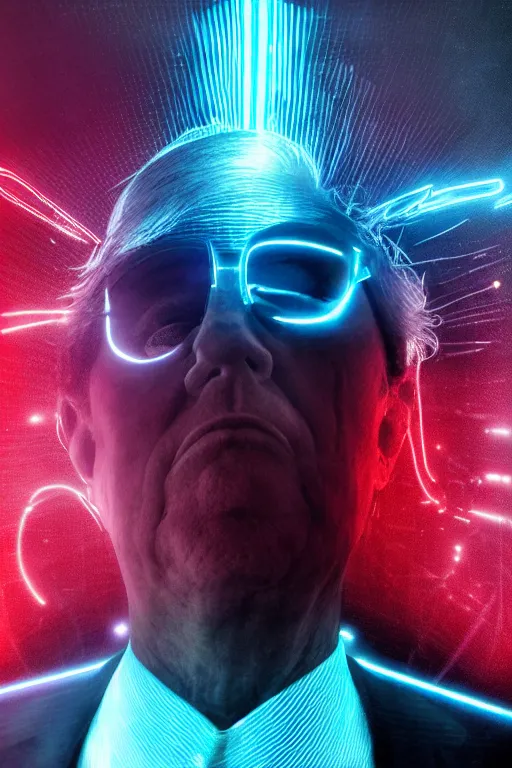 Prompt: portrait of cyber donald trump, futuristic style, neon lights, fog volumetrics, cyborg futuristic sci - fi
