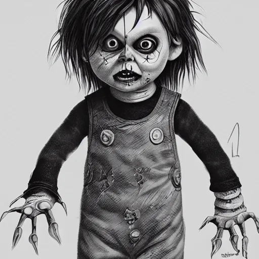 Prompt: a macabre chucky by tim burton and chris leib, from nightmare before christmas | detailed | elegant | trending on artstation