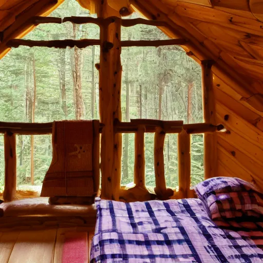 Image similar to photo of the interior of a cozy cabin with french and english and japanese influence and forest theme