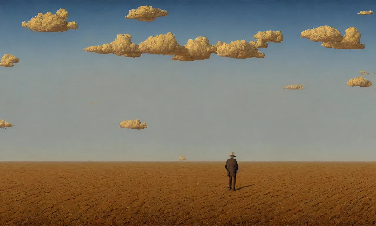 Image similar to a flat landscape with a horizon of surrealism, art by james gurney and greg rutkowski and rene magritte, surrealism by salvador dali, very detailed, high resolution, symmetry, volumetric lighting