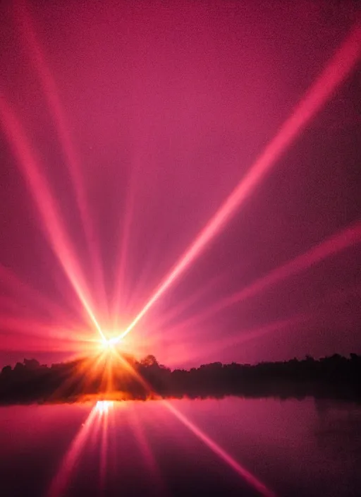 Image similar to photography at night of an ethereal red pond, a central sunlight glare, mystical lights, cyber futuristic lights in the sky, masterpiece, epic, cinematic, hyperealistic photo, high detailed, flashlight at night