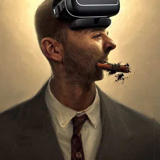 Prompt: Portrait of a man by Greg Rutkowski, symmetrical face, a marine with a helmet, using a VR Headset, Kubric Stare, with a cigarete in his mouth, crooked smile, he's wearing a tacitcal gear, highly detailed portrait, scifi, digital painting, artstation, book cover, cyberpunk, concept art, smooth, sharp foccus ilustration, Artstation HQ