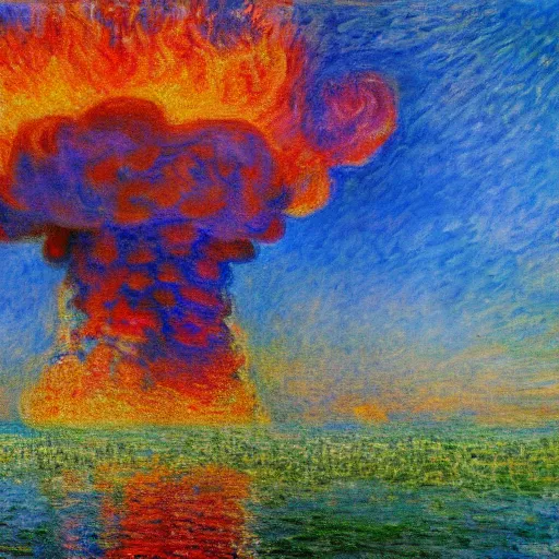 Image similar to nuclear explosion in the style of claude monet, impressionism, 4 k masterpiece