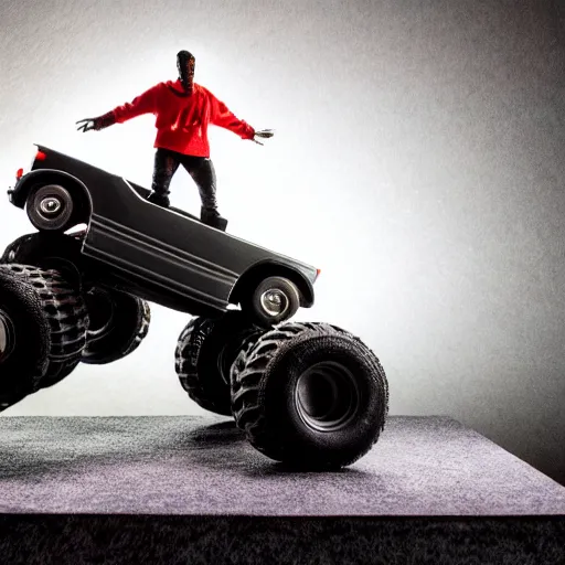 Image similar to travis scott figure standing on top of a black toy monster truck, studio lighting, white background