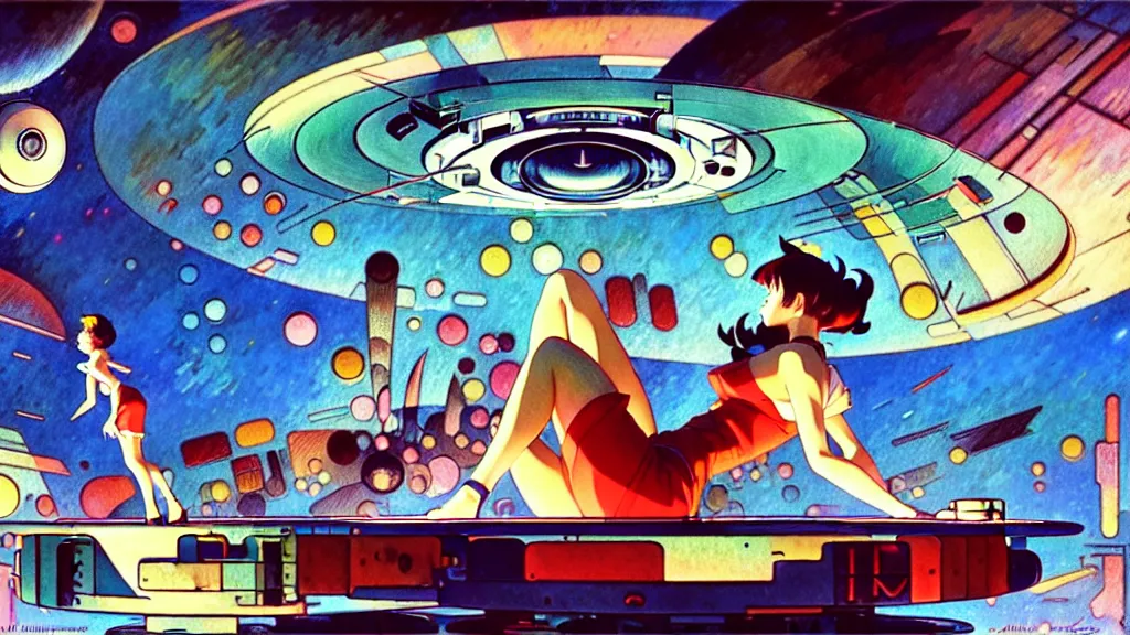 Image similar to a film still of a 1 9 5 0's mechanic anime girl sitting on top of flying ufo landing in hangar of giant ufo spaceship, kandinsky, trending on pixiv fanbox, painted by gaston bussiere, makoto shinkai, akihiko yoshida, gaston bussiere, craig mullins