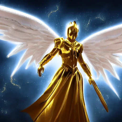 Image similar to Angel in white linen, golden armor, glowing sword in hand, translucent wings, concept character, beautiful, stunning, gold mist, radiating power, energy, god rays, luminescence, fractal, unreal engine, 8k