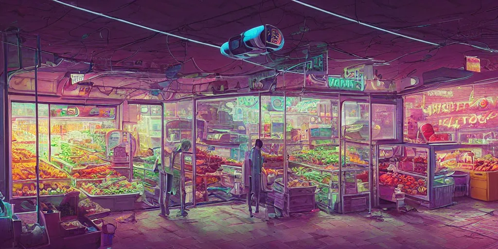 Image similar to fruit store, 1 9 8 0, retrofuturism, cluttered, wires everywhere, window, at night, dramatic lighting, alien technology, detailed by simon stalenhag