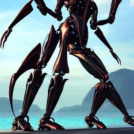 Image similar to looking up at a highly detailed 300 foot tall giant exquisite beautiful female warframe, as an anthropomorphic robot dragon, posing elegantly over your tiny form, detailed legs looming over you, camera on the ground, at the beach on a sunset, sleek streamlined design, streamlined matte black armor, sharp detailed claws, detailed sharp robot dragon feet, worms eye view, giantess shot, upward shot, ground view shot, leg shot, front shot, cinematic shot, high quality warframe fanart, captura, realistic, professional digital art, high end digital art, furry art, giantess art, anthro art, DeviantArt, artstation, Furaffinity, 8k HD render, epic lighting