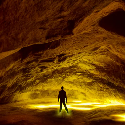 Image similar to photo of a giant orange glowing transparent humanoid of one thousand feet of height standing next to a building inside a cave