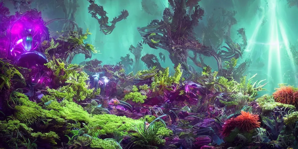 Prompt: an overgrown alien spaceship with otherworldly flora, bursting with alienmarine life. A shaft of sunlight penetrates the depths. 8k, beauty sleek design color metallic fluid 3D 4K, bioluminescence, neon, crazy fish, zoology! Fantastical creatures, unreal engine, deviant art, glowing neon light-trails , alien!!!!!!!!!!!!!! glowing neon vray, volumetric lighting highly detailed Octane rendering vivid cinematic lighting