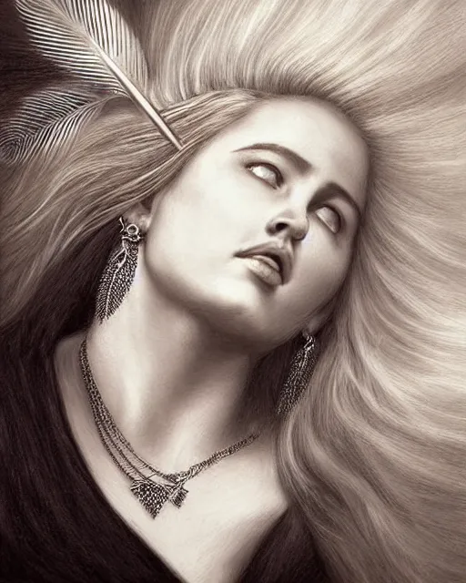 Image similar to pencil drawing of beautiful greek goddess aphrodite with arrowhead earrings and beautiful feather jewelry, beautiful piercing eyes, beautiful blonde hair flying in the wind, hyper realistic face, in the style of greg rutkowski, fantasy, amazing detail, epic, elegant, smooth, sharp focus, from the front