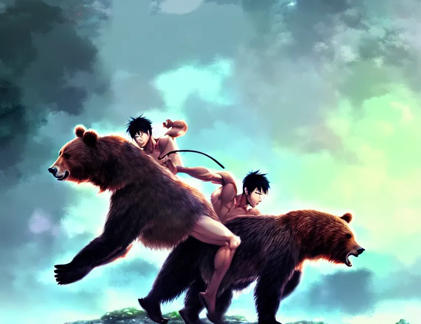 Image similar to asian male model fighting a bear, by nashimanga, anime illustration, anime key visual, beautiful anime - style digital painting by wlop, amazing wallpaper