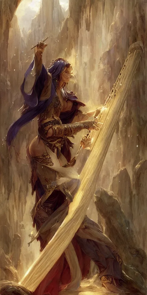 Image similar to beautiful fragile elf bard in robes, playing on a harp, masterpiece , cinematic, powerful, dramatic light, highly, intricate elements, detailed, digital painting, artstation, concept art, sharp focus, illustration, dynamic by Edgar Maxence and Ross Tran and Michael Whelan art by Frank frazetta