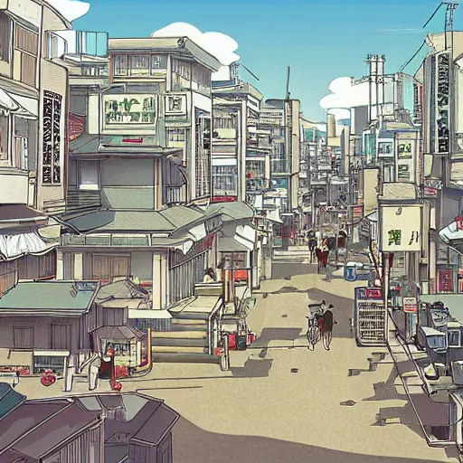 Prompt: japanese town, neighborhood, modern neighborhood, japanese city, underground city, modern city, tokyo - esque town, 2 0 0 1 anime, cel - shading, compact buildings, sepia sunshine