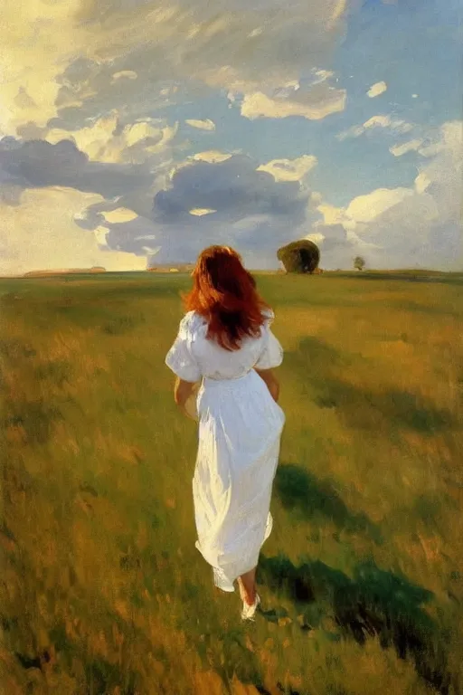 Prompt: young slender woman with long auburn hair wearing a white dress walking through a meadow at dusk, dramatic clouds in sky, wide angle, painting by Joaquín Sorolla, oil on canvas