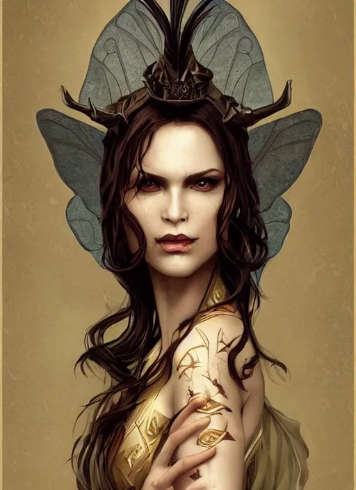 Image similar to tarot!!, fairy queen, fantasy medieval, no noise, elegant, concept art, sharp focus, beautiful face!!, digital art, smooth defined outlines!!, by Brom, trending on Artstation, Tom Bagshaw, Sargent