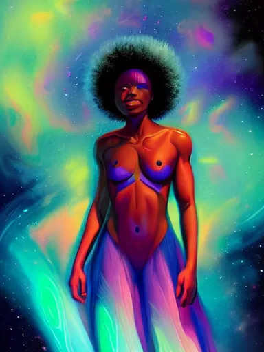 Prompt: digital painting of a black female celestial being experiencing nirvana in space, colorful nebulas in the background, highly detailed, intricate design, 8k, artstation, illustration by Victor Mosquera, Krenz Cushart