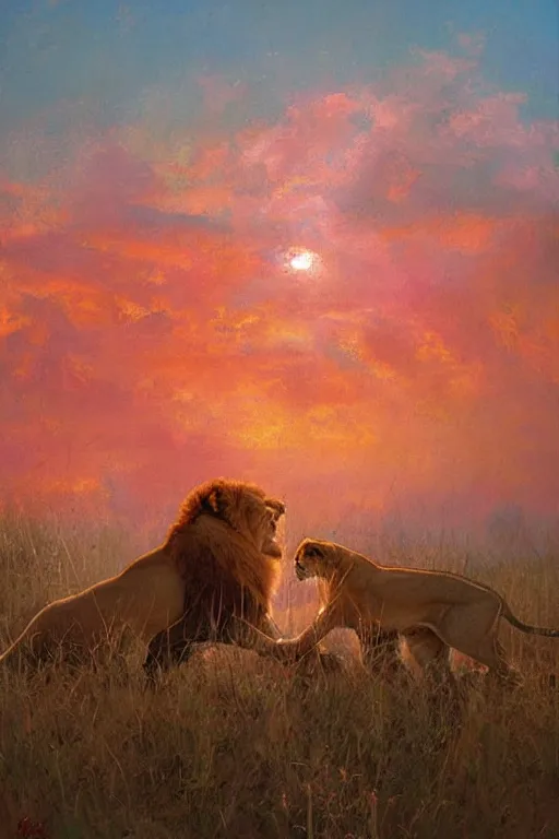 Image similar to spiritual twin flame lioness hunting art, pink sunset hue, highly detailed, oil painting hue, by craig mullins