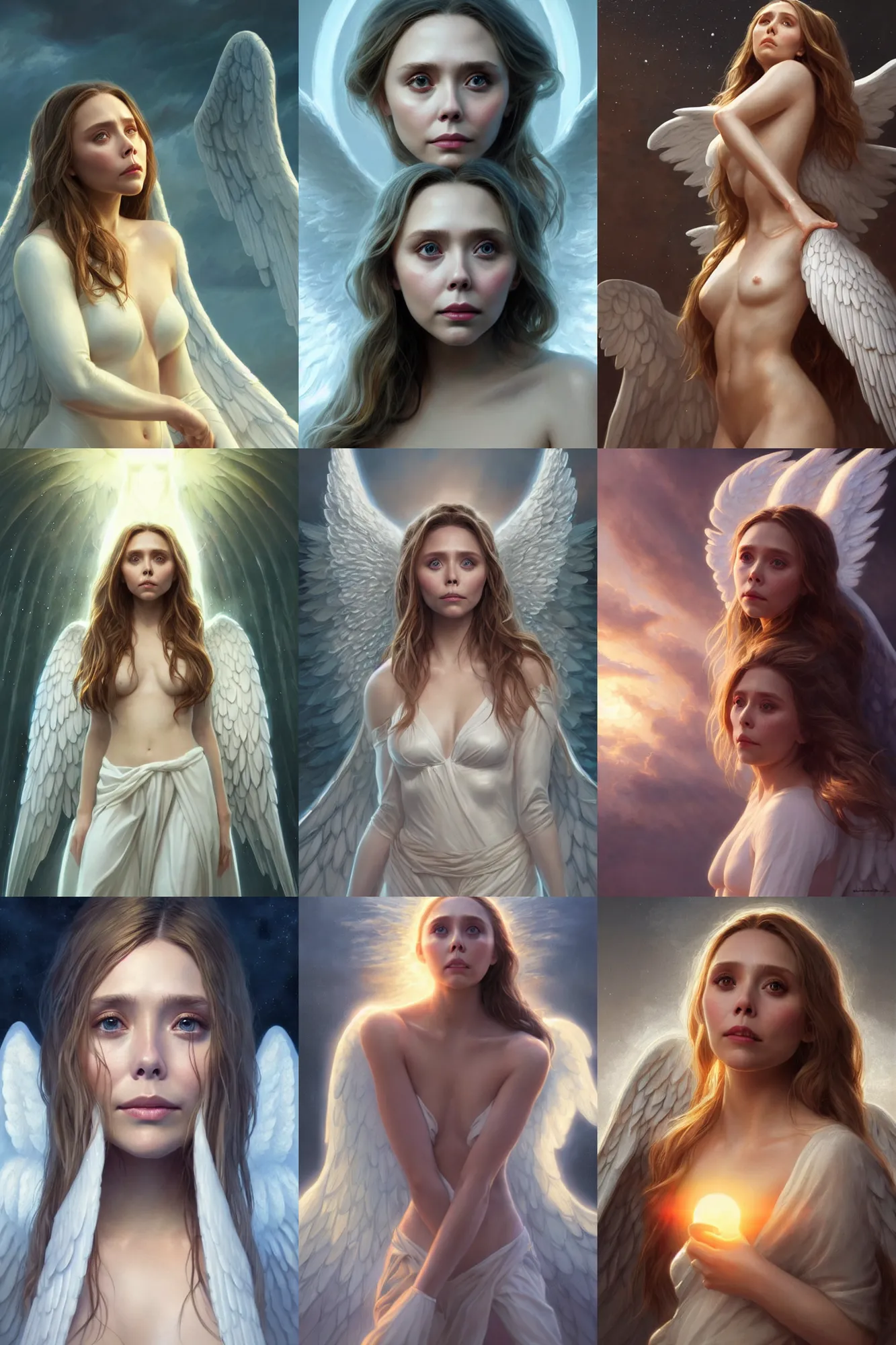 Image similar to elizabeth olsen as a heavenly angel, anatomy, bathing in light, highly detailed, photorealistic, artstation, smooth, sharp focus, illustration, unreal engine 5, 8 k, art by art by artgerm and greg rutkowski and edgar maxence