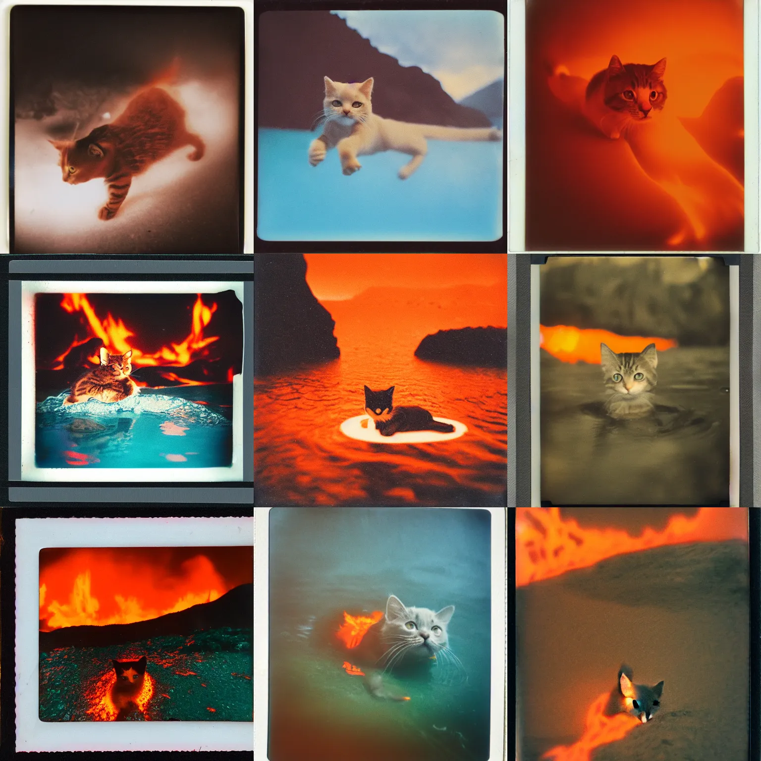 Prompt: kitty swimming in lava, polaroid