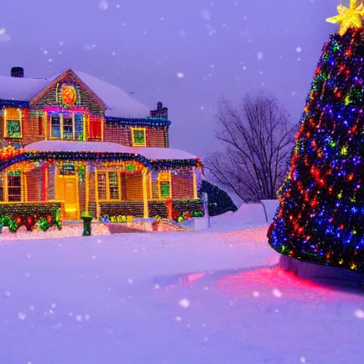 Image similar to a big wonderful house in the american suburbs decorated in christmas lights, shot from across the street, during the night, snow is falling to the ground