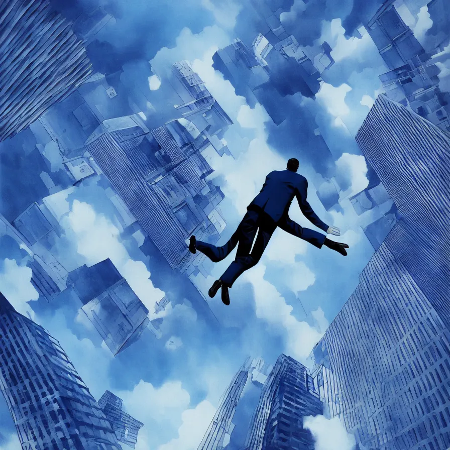 Prompt: surrealist artwork : downward view of a man free falling into a skyscraper city full of clouds. blue indigo colour scheme