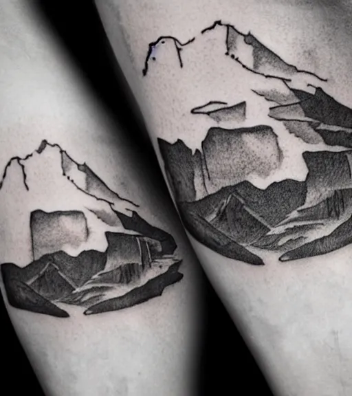 Prompt: tattoo design sketch of beautiful mountain scenery with a faded beautiful woman face, hyper - realistic, double exposure effect, in the style of matteo pasqualin, amazing detail, black and white, faded