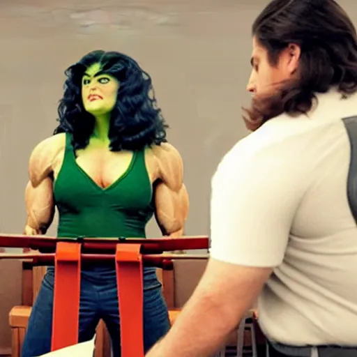 Image similar to she - hulk, attorney at law, bench - pressing the judge's bench, still from new live - action film, 8 k, promotional image