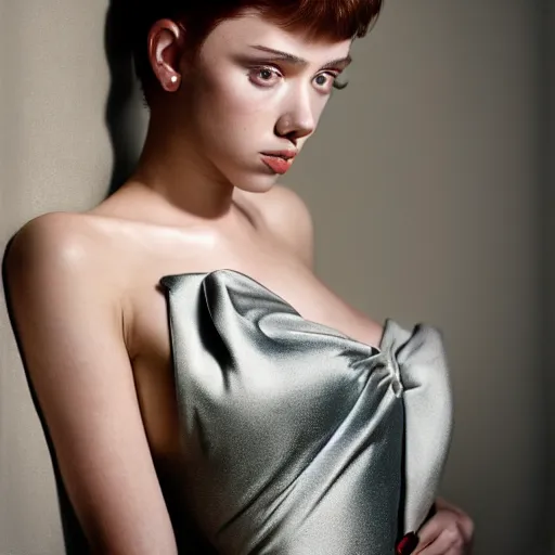 Image similar to dramtically lit, high quality studio photo of a girl who looks like 16-year old Audrey Hepburn and Scarlett Johansson, with parted lips and stunning, anxious eyes, wearing a silver satin gown, by Steve McCurry