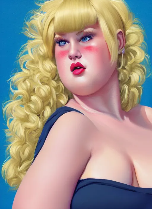 Image similar to full body portrait, teenage betty cooper, blonde hair, obese, bangs, ponytail, sultry, realistic, sultry smirk, fluffy bangs, curly bangs, fat, belly, beautiful girl, intricate, elegant, highly detailed, digital painting, artstation, concept art, smooth, sharp focus, illustration, art by wlop, mars ravelo and greg rutkowski