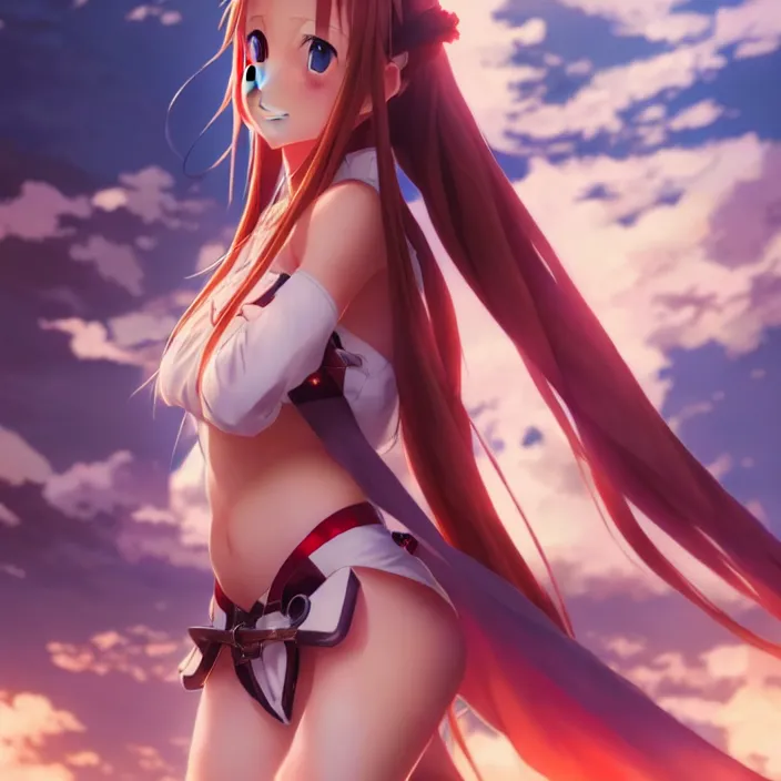 Image similar to very beautifu photo of asuna from sao, asuna by a - 1 pictures, by greg rutkowski, gil elvgren, enoch bolles, glossy skin, pearlescent, anime, maxim magazine, very coherent, mega detailed, 3 d render