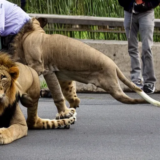 Prompt: New Zealand freedom protesters are mauled by lions. News footage.