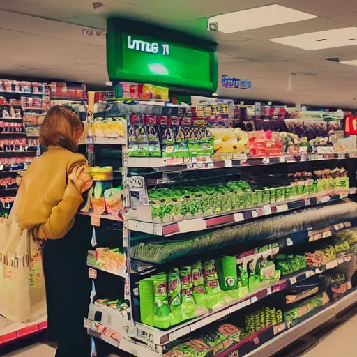 Image similar to a mix between Hulk and Yoda and Dobby and gollum buying groceries in a seven eleven, center frame medium shot, shot on technicolor cinemascope 35mm anamorphic lense, flare