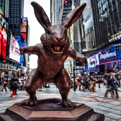Image similar to a realistic renaissance sculpture of a very scary bunny with sharp teeth made by michelangelo, standing in times square, 3 d render, hyper detailed, sharp focus, 8 k resolution