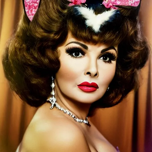 Prompt: gina lollobrigida with cat ears and whiskers, extreme detail, wide shot, photorealistic