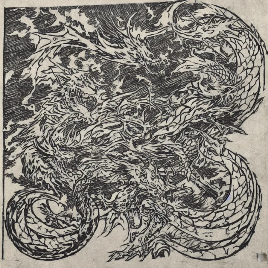 Image similar to Lucina from Fire Emblem as a dragon, traditional Japanese woodcut