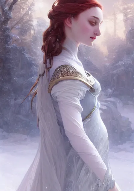 Image similar to snow ice queen frizen sansa, intricate, elegant, highly detailed, digital painting, artstation, concept art, smooth, sharp focus, illustration, art by artgerm and greg rutkowski and alphonse mucha and william - adolphe bouguereau