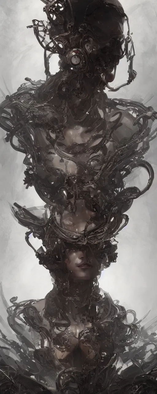 Image similar to dystopian, a dreamland of chinese ukiyo - e, gothic diablo art, rococo art, 4 k post processing. asymmetrical, portrait of an alien with large tubes in face in the style of, ghost in the shell, machine face, intricate, elegant, dramatic lighting concept art by craig mullins and ruan jia and raphael lacoste, trending on artstation