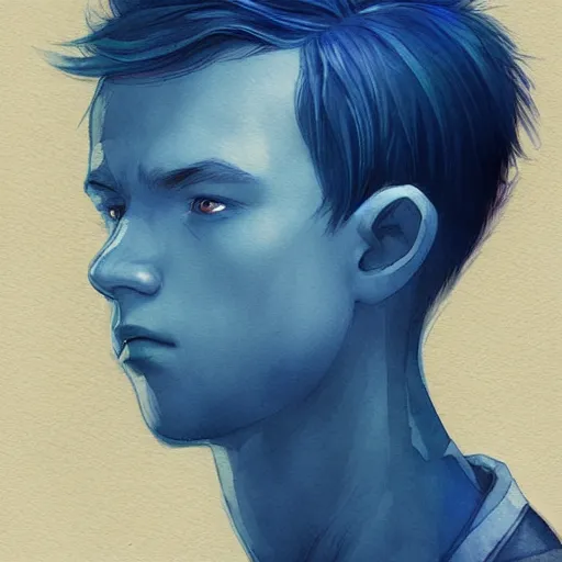 Prompt: teen boy, childish, blue hair, short hair, serious, intricate, ethereal, highly detailed, sharp focus, artstation, watercolor, by charlie bowater and ross tran