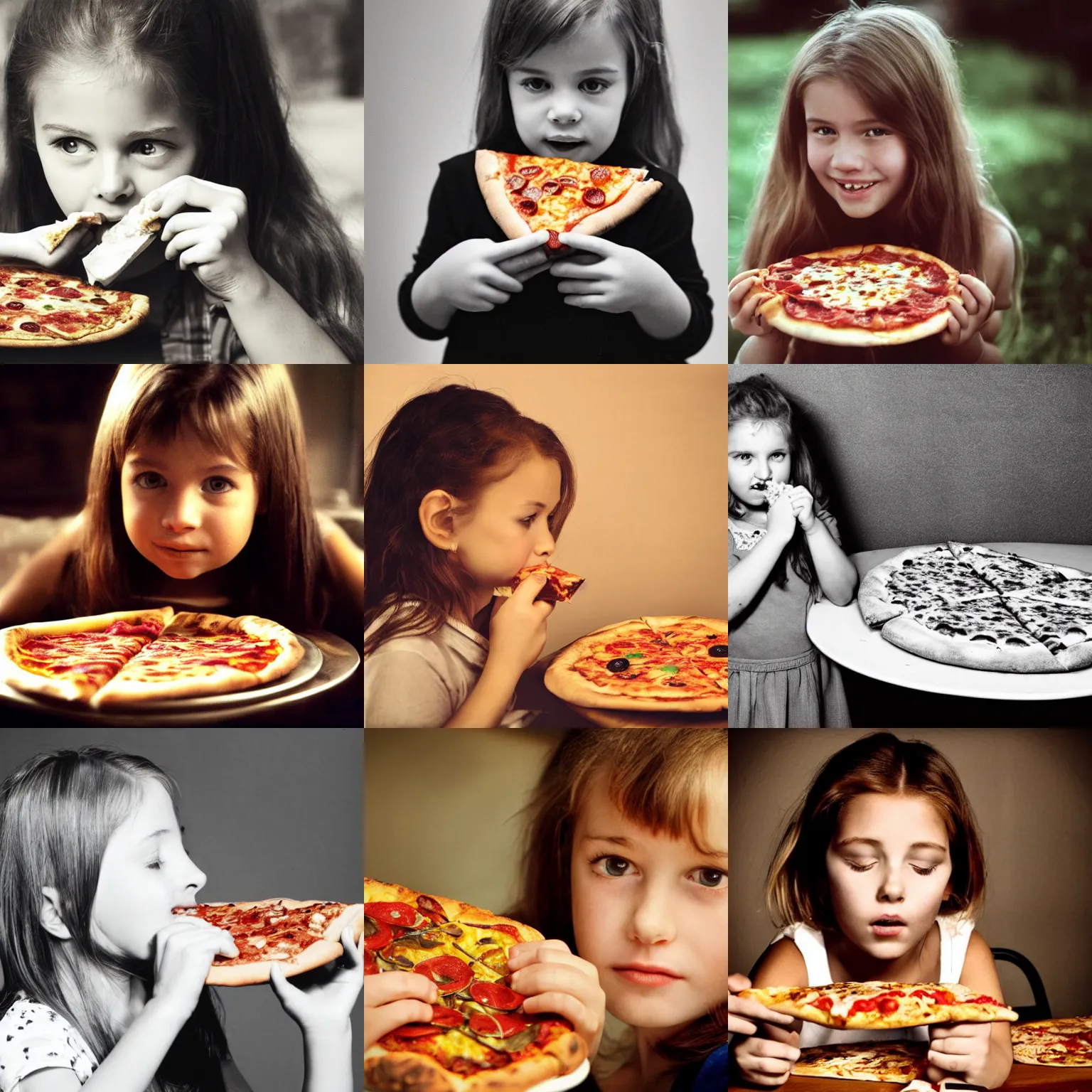 Prompt: a young girl eating a very tasty looking slice of pizza, 0 0 s movie, sepia