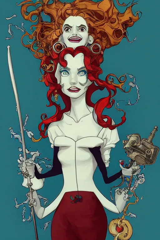 Prompt: portrait of crazy mad lady scientist, cruella devil, merida, olivier armstrong, elsa, elastigirl, vanellope von schweetz, flame princess, stylized illustration by peter mohrbacher, moebius, mucha, victo ngai, colorful comics style, clean line