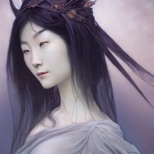 Prompt: A portrait of A Chinese woman with long hair by Ross Tran!!! and alphonse mucha and greg rutkowski! and gustav doré! and Zdzisław Beksiński!,In style of digital art illustration.Symmetry.Highly detailed face.Fantasy,smooth,hyper detailed,sharp focus,Soft light.trending on artstation.